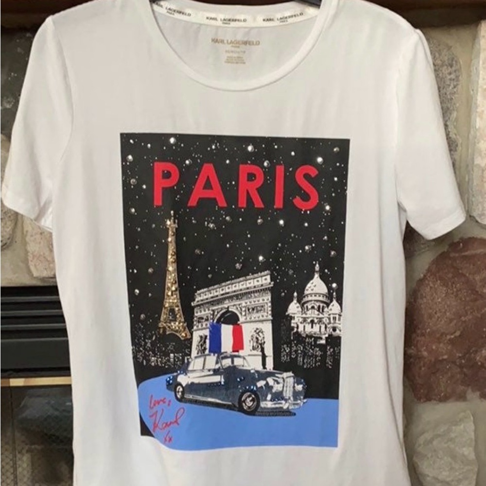Karl Lagerfeld White Graphic Tee with Black Panel and Red Accents
